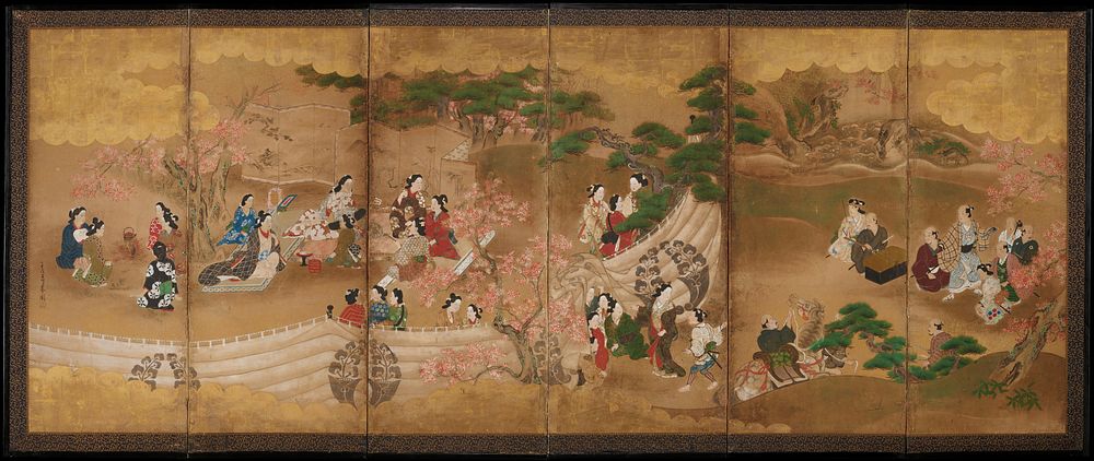 Six-panel half-height screen (chu-byobu) depicting a group of elegantly dressed women enjoying a maple leaf viewing party.…