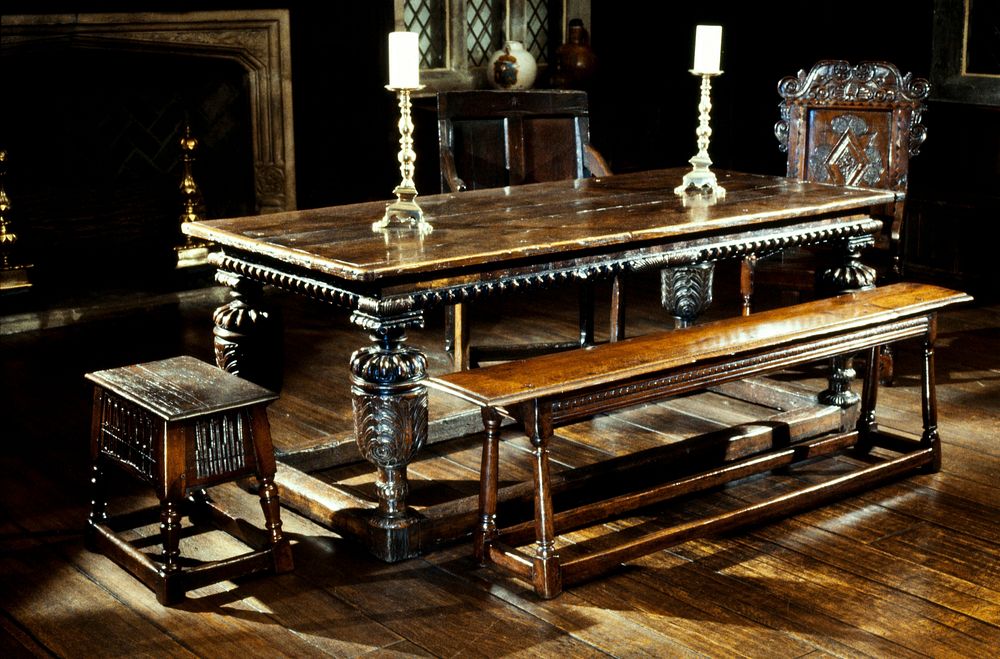 Table; with carved bulbous legs and inlaid side rails and stretchers. Original from the Minneapolis Institute of Art.