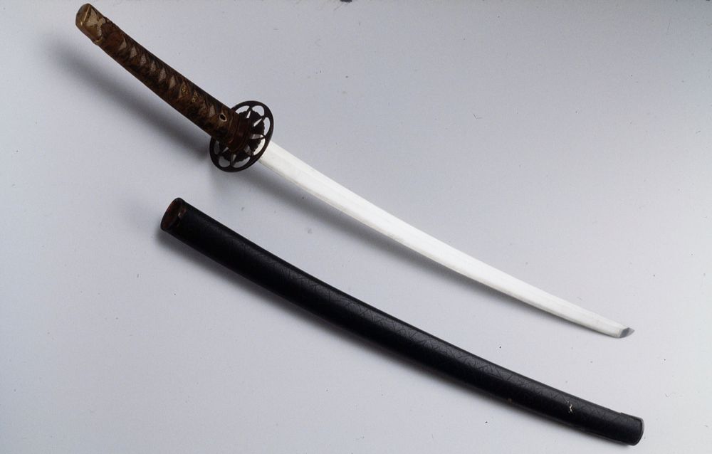 long sword with scabbard: a. scabbard-lacquered wood b. handle-wood, sharkskin and silk cord c. shortened blade with 2 peg…