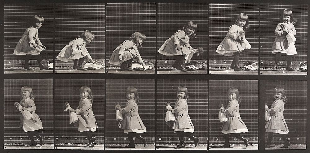 Child, lifting a doll, turning, and walking off. From a portfolio of 83 collotypes, 1887, by Edweard Muybridge; part of 781…