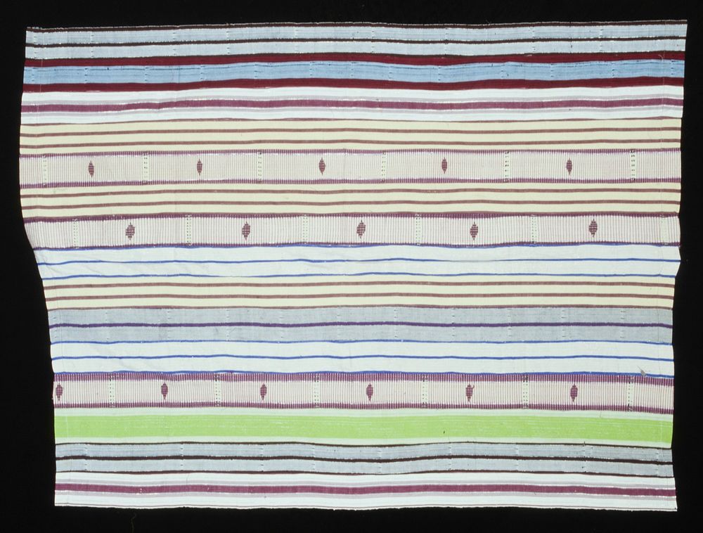 15 panels, one lime green with white at sides; three red and white stripes with thin banding throughout; metalic looking…