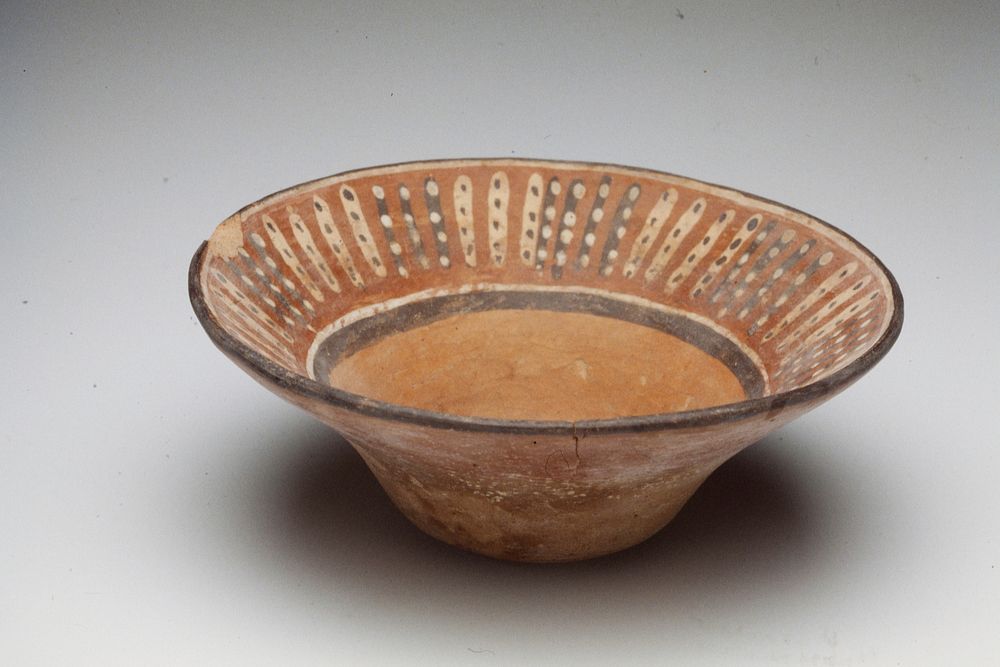 small dish with band of small geometric designs around inside of lip; red pottery, earthenware, Peruvian (Nazca), 200 BC-600…