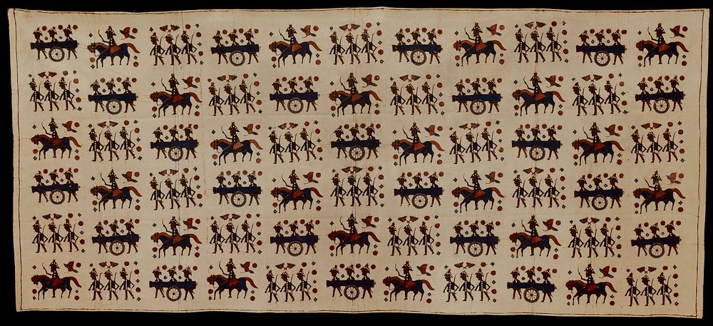 batik fabric piece; brown and blue pattern on beige, showing Europen soldiers on horseback. Original from the Minneapolis…