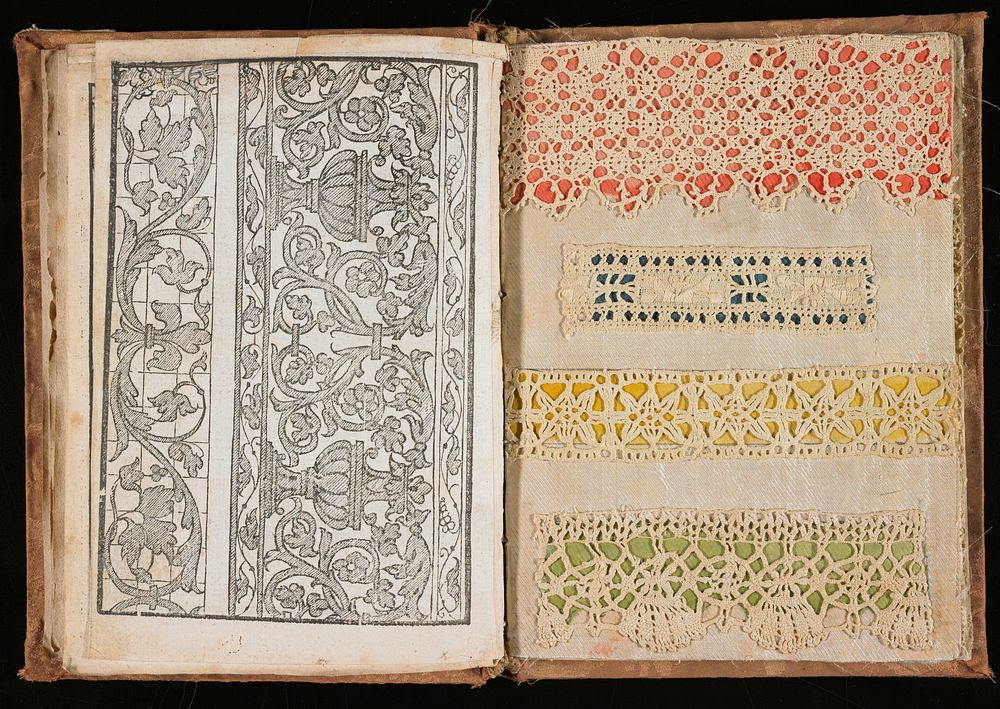 "Lucidario di Ricam;" Book containing 60 printed designs, also 26 examples of lace, among which a tiny sampler all mounted…