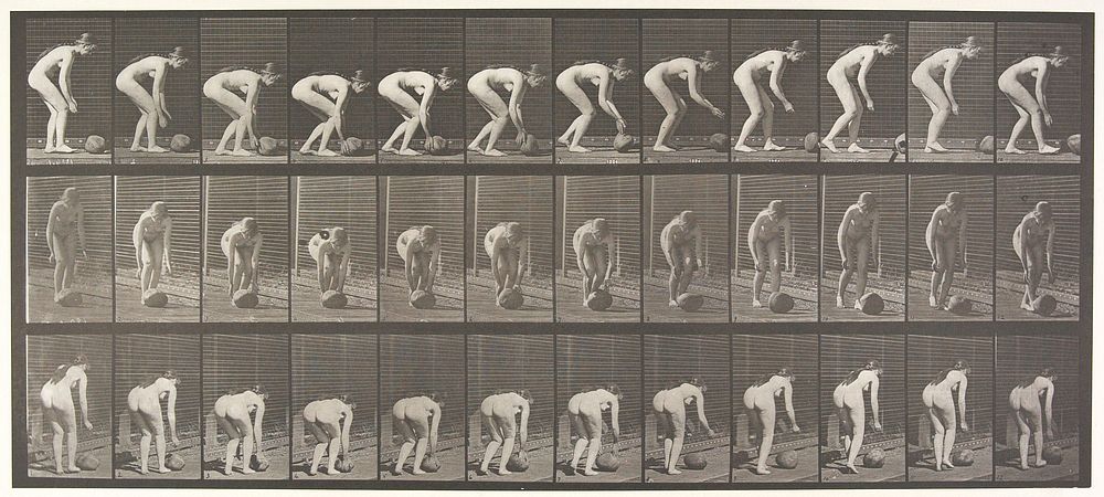 Stooping, and rolling a stone on the ground. From a portfolio of 83 collotypes, 1887, by Edweard Muybridge; part of 781…