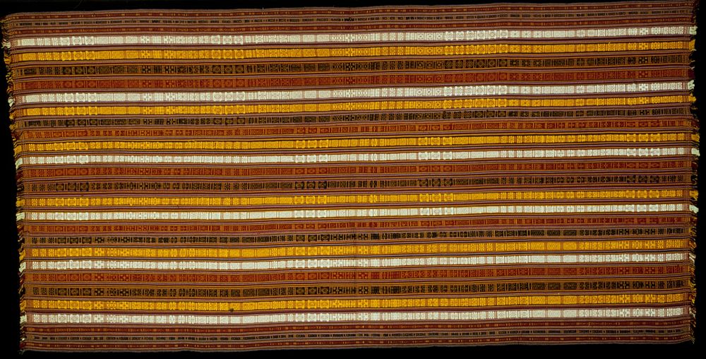 Kira, Mensi Mattha; silk striped brocade on silk background; L.101 in., W.49 in. 3 panels, yellow, green, red, white…