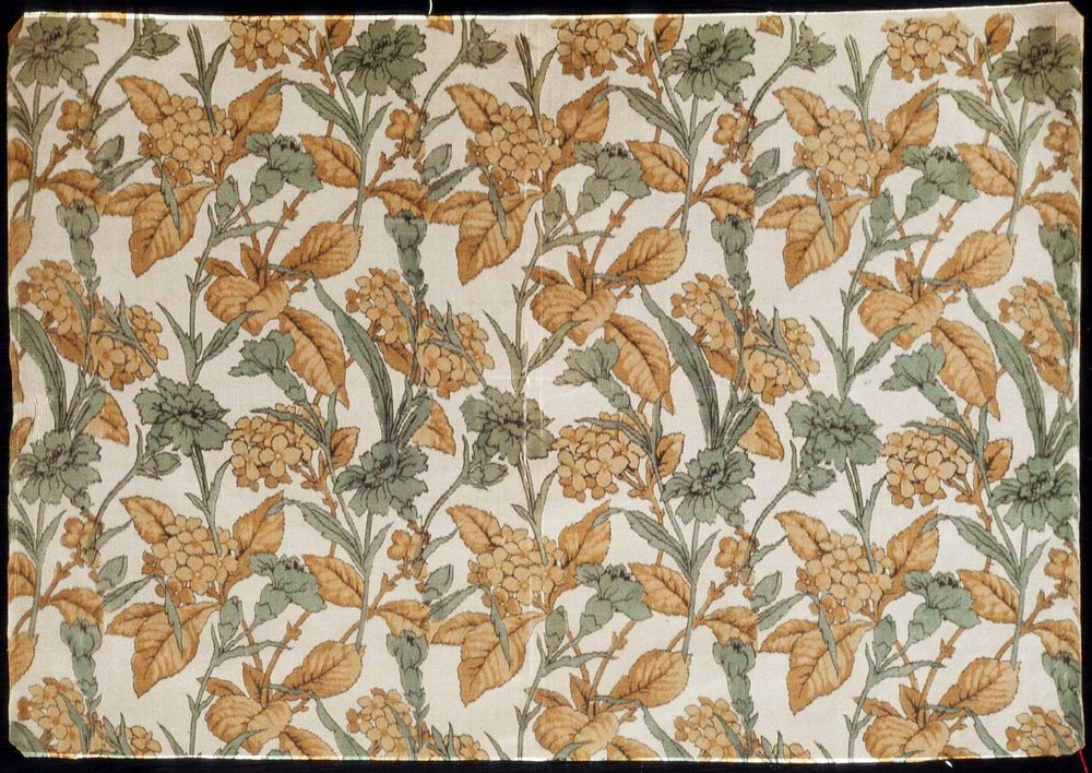 brown and blue-green flowers and leaves on an olive colored background. Original from the Minneapolis Institute of Art.