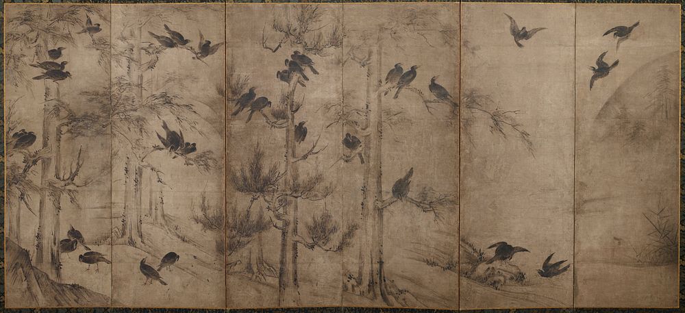 Magpies on pine, blackbirds on grey or white. Original from the Minneapolis Institute of Art.