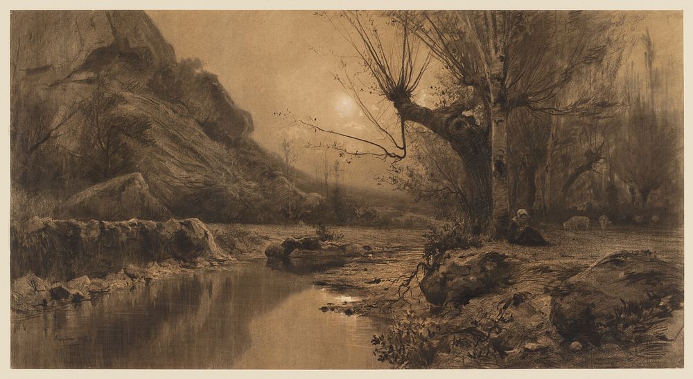 landscape with river and woman sitting under a tree on R. Original from the Minneapolis Institute of Art.