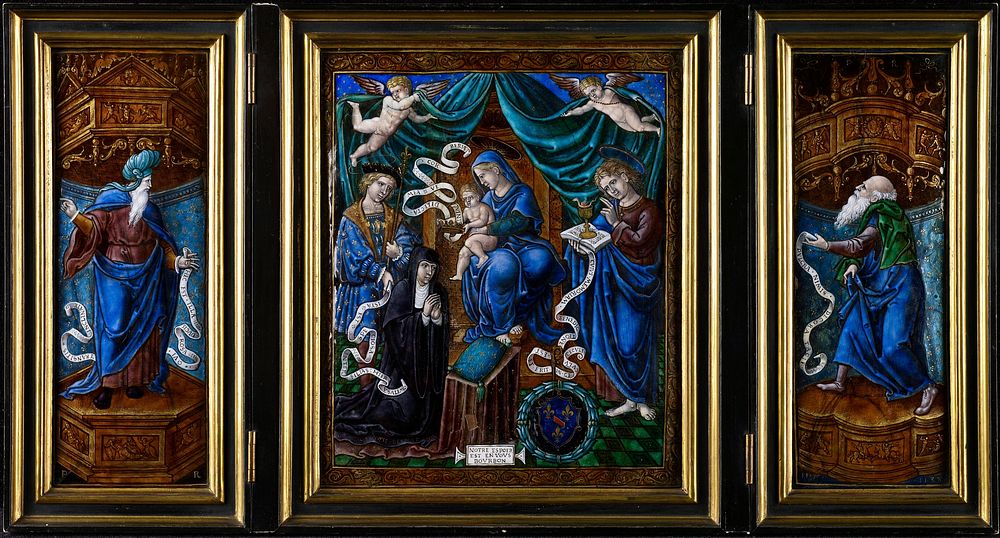 triptych, enamel on copper; the center panel holds images of the Madonna and Chld, St. John the Divine, St. Louis and Louise…