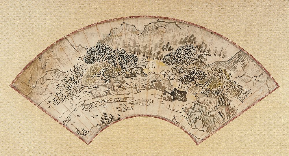 Mounted fan painting: village buildings at C between rocky banks with clusters of full, mature trees; boulders and towering…
