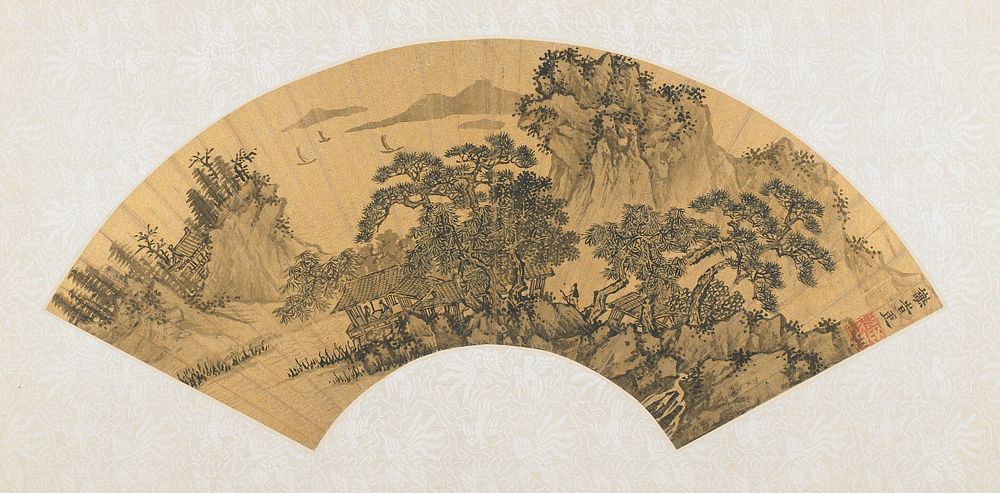 fan mounted as an album page; five structures in a waterside tree-covered location, building nestled between two hills to…