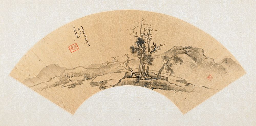 fan mounted as an album leaf; stand of trees on a rocky peninsula at foreground center, water at either side with distant…