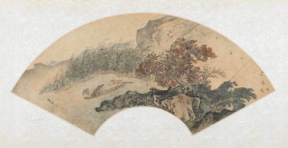 Fan mounted as an album leaf; two fishermen at sea during a storm; rocks and bending trees in foreground LRC, fishermen at…