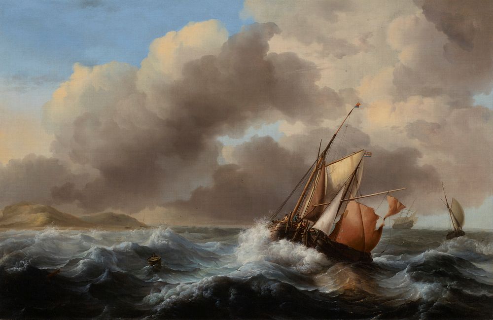 Seventeenth-century Dutch Marine landscape with fishing boats in a rough sea.. Original from the Minneapolis Institute of…
