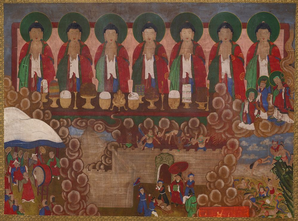 7 identical figures with black hair and thin green whiskers wearing red, green, blue and white robes; candles and food on…