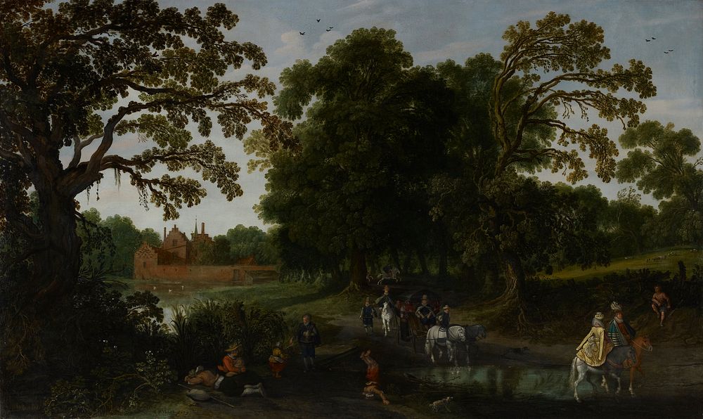 Courtly procession on a tree-lined road, moated castle in left distance. Large coulisse tree in left foreground, open…