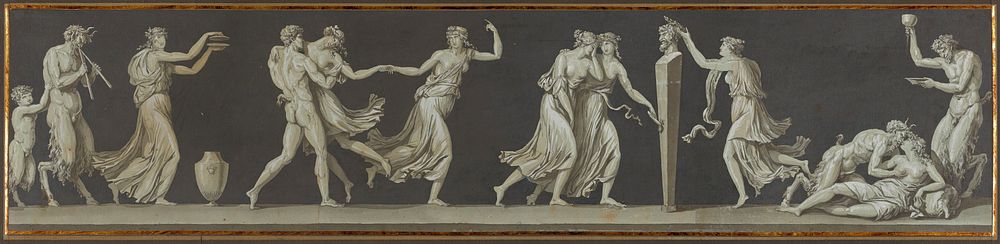 illustration of horizontal line of Classical figures partially covered in drapery in various poses. Original from the…