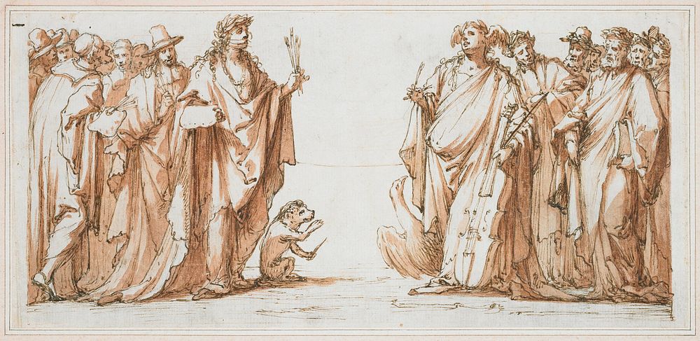 mounted on white paper with pink border; two group of figures confronting one another; group at left lead by a figure…