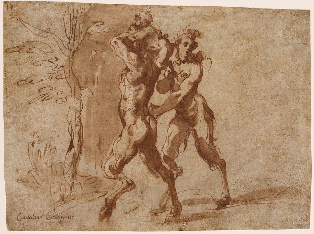 mounted on ivory paper; male satyr at left, seen from PL side, pulling a baby satyr up against the back of his head to ride…
