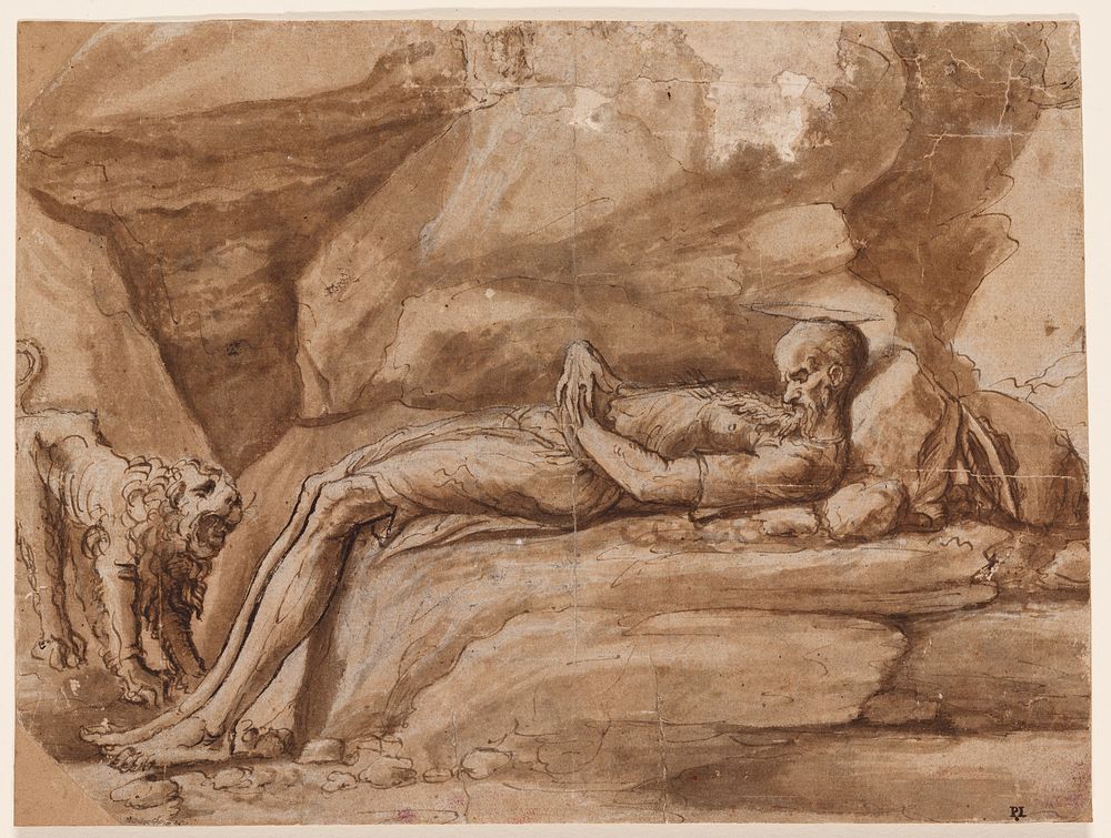 thin bearded man with long limbs, lying on rocks with head bent upward against rock-pillow, hands on abdomen and feet on…