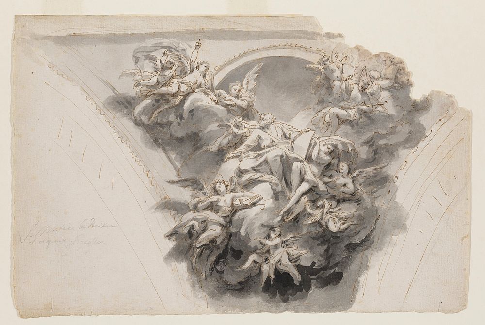 angels and cherubs in clouds in a V-shaped configuration; St. Matthew at center, holding a large book (?); architectural…