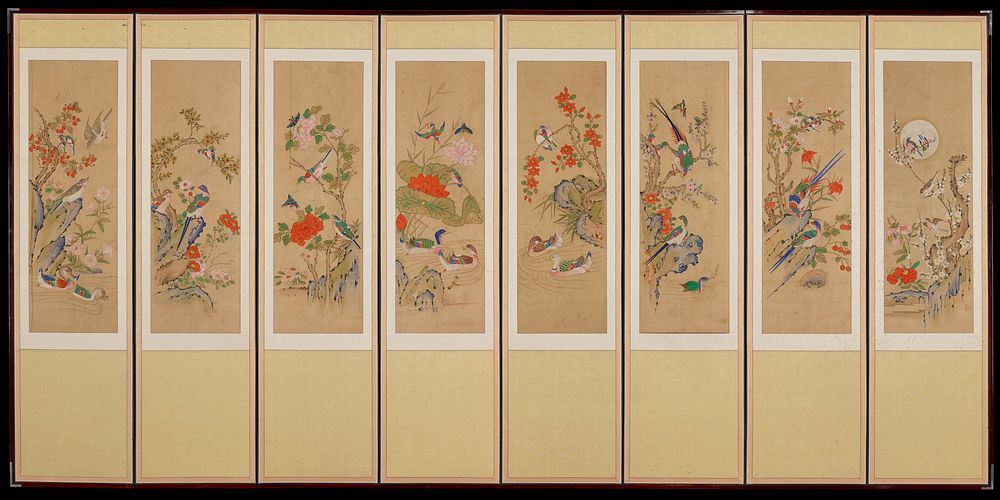 paintings of birds, foliage and water; predominant greens, blues and oranges. Original from the Minneapolis Institute of Art.