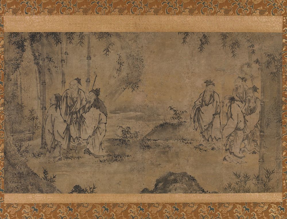 two groups of Chinese scholars in garden landscape; three men at L by bamboo trees looking to L; four men at R conversing;…