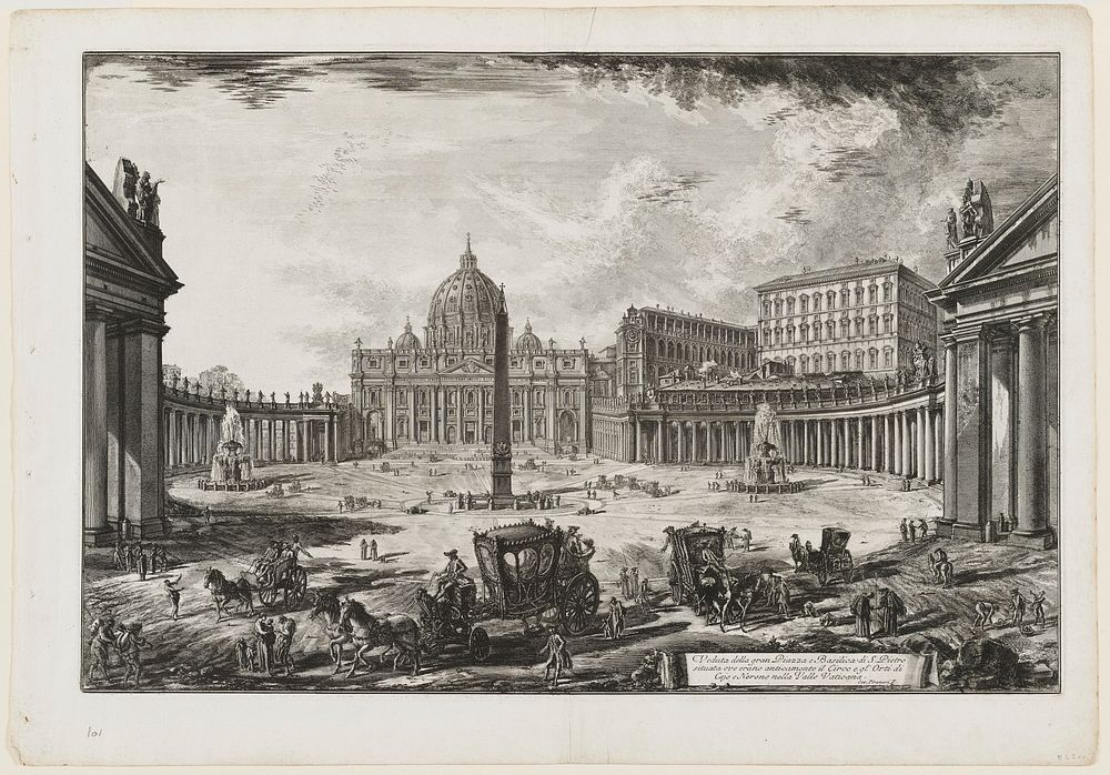 4; title on scroll towards R below: 'Veduta della Gran Piazza e Basilica di S. Pietro;" black and white. Original from the…