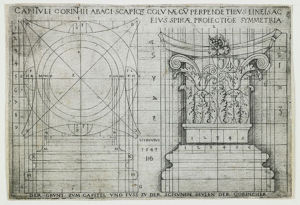 Ground Plan, Base, and Capital of a Corinthian Column (1543) by Sebald Beham. Original from The Minneapolis Institute of Art.