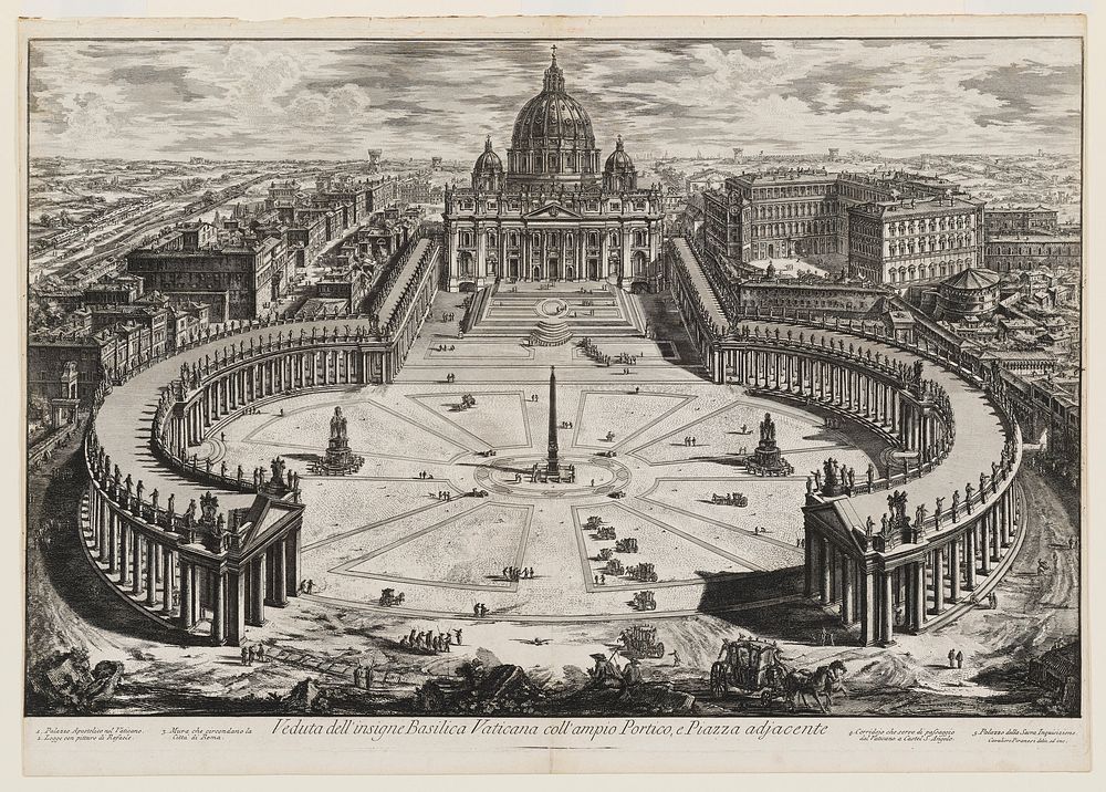 courtyard in front of the Vatican with its two long curving colonnades surmounted with sculptures; carriages and figures…