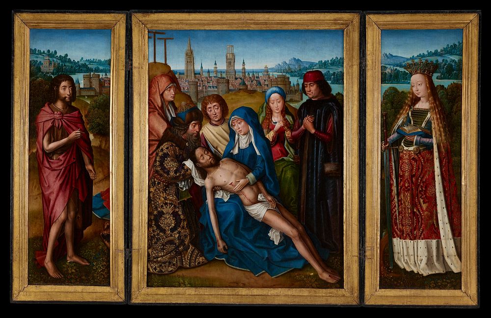 Religion. Central panel is a Pieta with an elaborate view of 15th century Bruges in the background. Donors included with…
