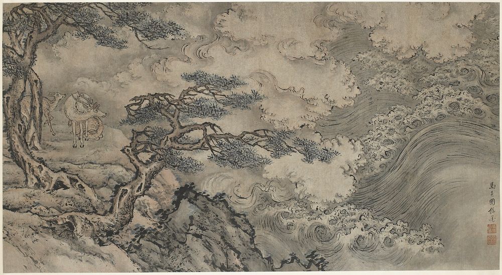 hanging scroll with image mounted sideways; stormy sea at right side; two pine trees and rocky shore frame three deer…