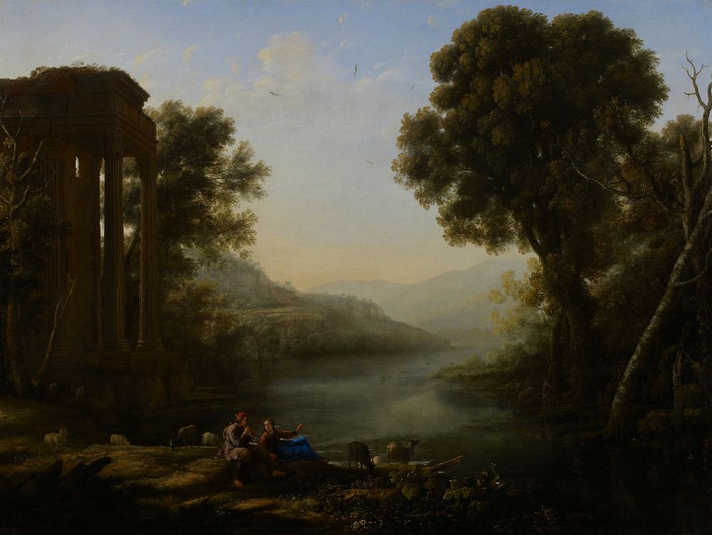 two goat herders seated on the left bank of a river amidst their flock; classical ruins at left side and background left…