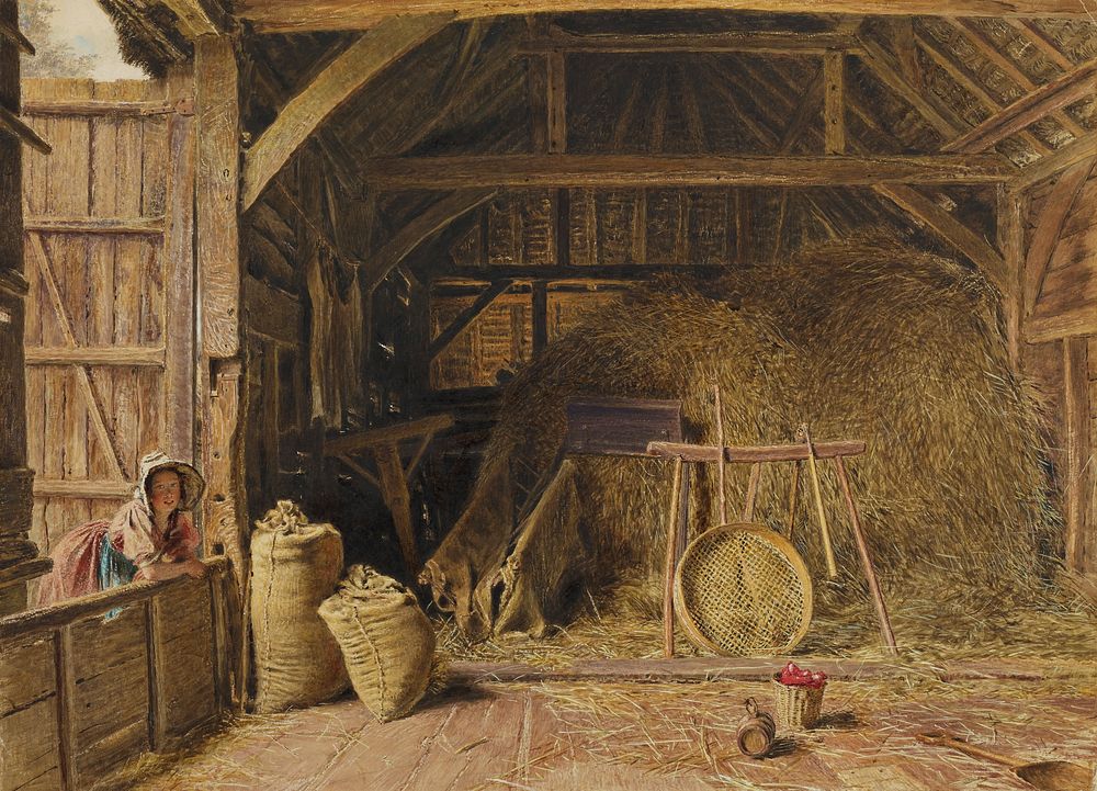 interior of barn with woman wearing pink dress and hat leaning in on L. Original from the Minneapolis Institute of Art.