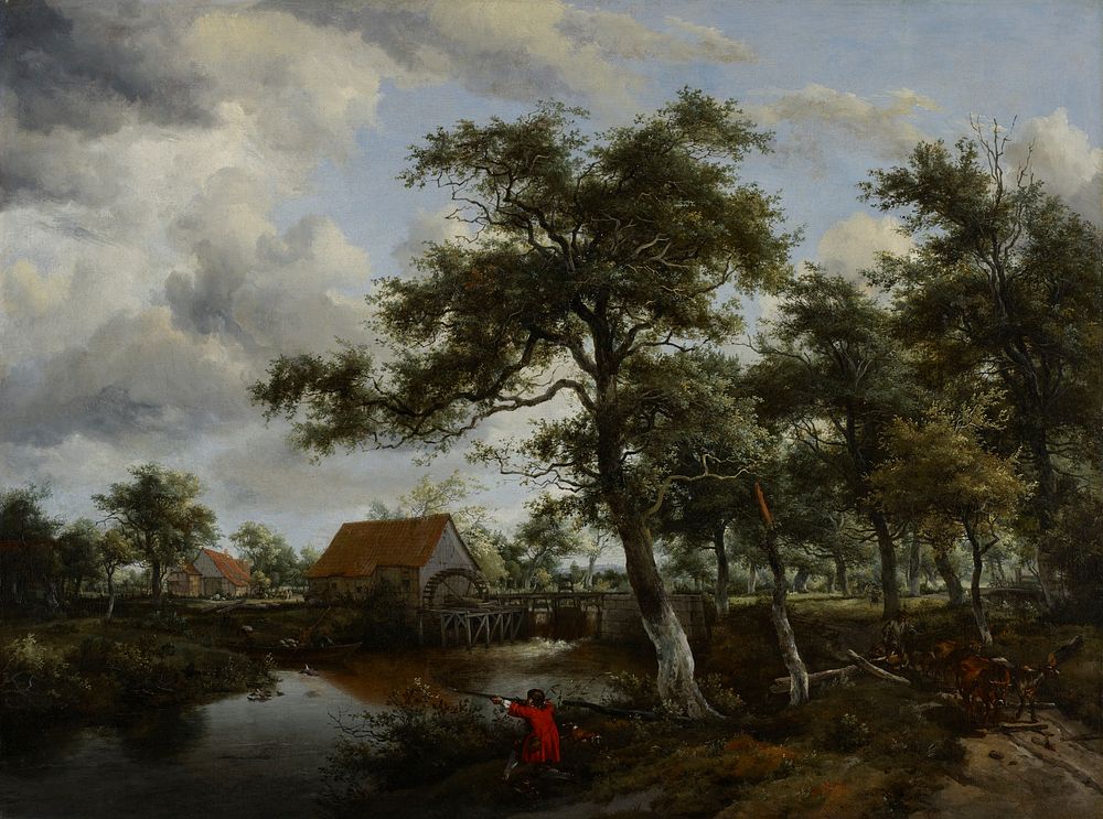Wooded landscape with watermill, on the right bank of stream to left of center, a huntsman in a scarlet coat. Beyond the…