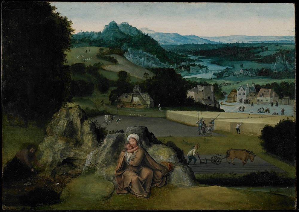 Religion: NT. Madonna and Child. Rest on the Flight into Egypt. Virgin and Child seated on rocky mound in foreground. Joseph…