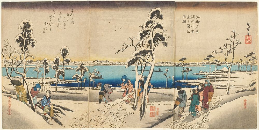 "Triptych of Snow Viewing by the Sumida River, Famous Place of Edo". Original from the Minneapolis Institute of Art.