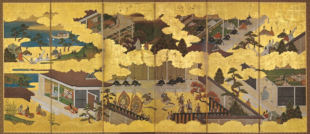 Unsigned; village scene with people in various forms of activity; men with carriages; images separated by gold clouds.…