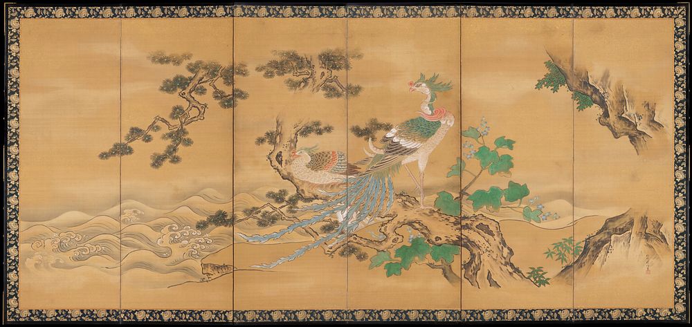 Two phoenixes at center, perched on a gnarled tree branch; waves at L; greens, blues, pink and white; seal and inscription…