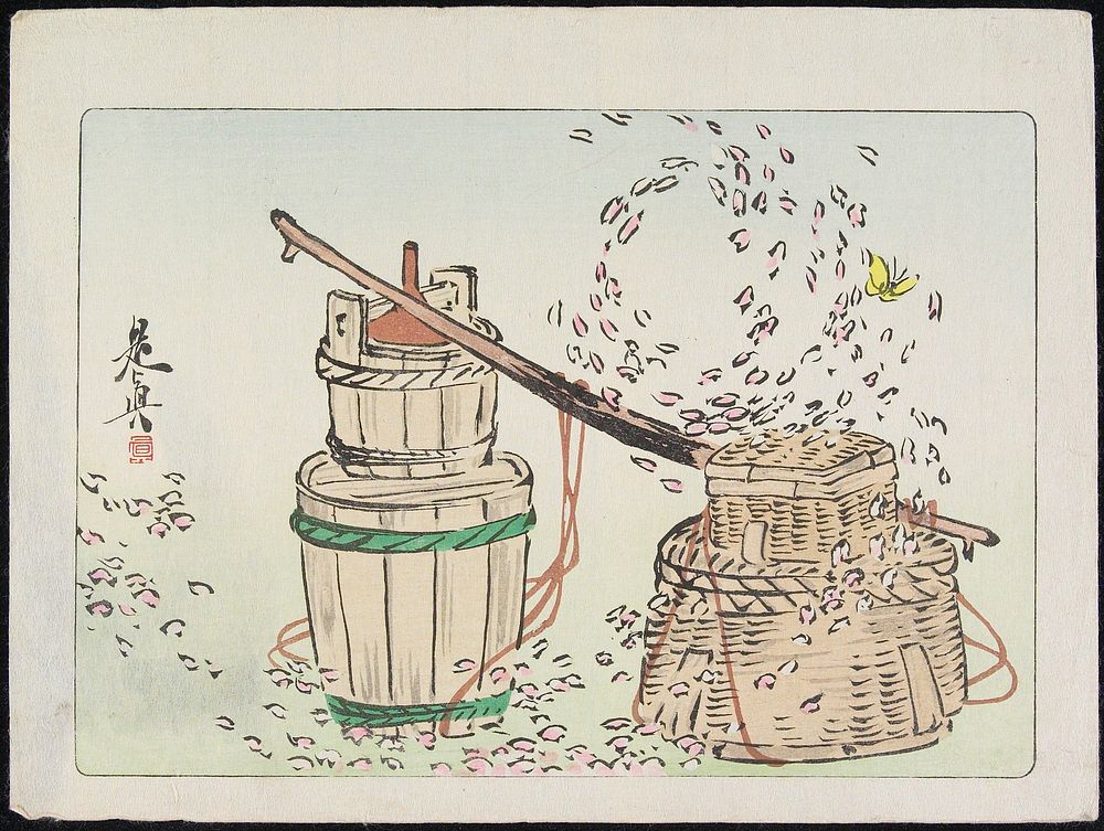 Still life; 2 barrels at L; 2 baskets with covers at R; swirling pink petals; yellow butterfly, URC. Original from the…