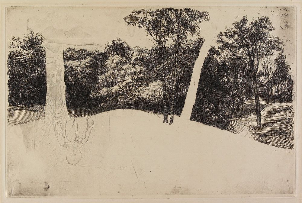 light, upside-down image of standing man at L; sketchy trees in background; light shading in foreground at bottom. Original…