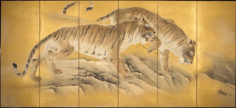 2 tigers descending down rocky hill; gold ground; inscription and seal, LLC. Original from the Minneapolis Institute of Art.