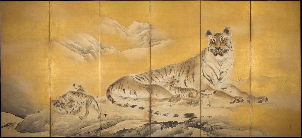 Reclining tiger nursing a cub; 2 cubs playing at L; mountains in background; gold ground; inscription and seal, LRC.…