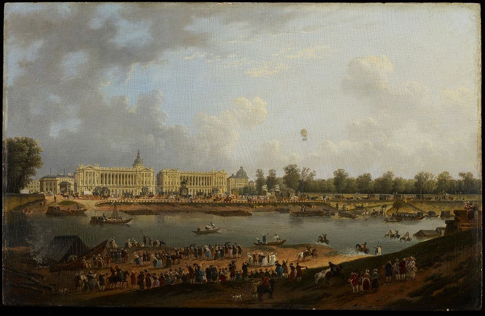 Place de la Concorde, seen from the left bank of the Seine. Shows the beginning of the first manned hydrogen balloon flight…