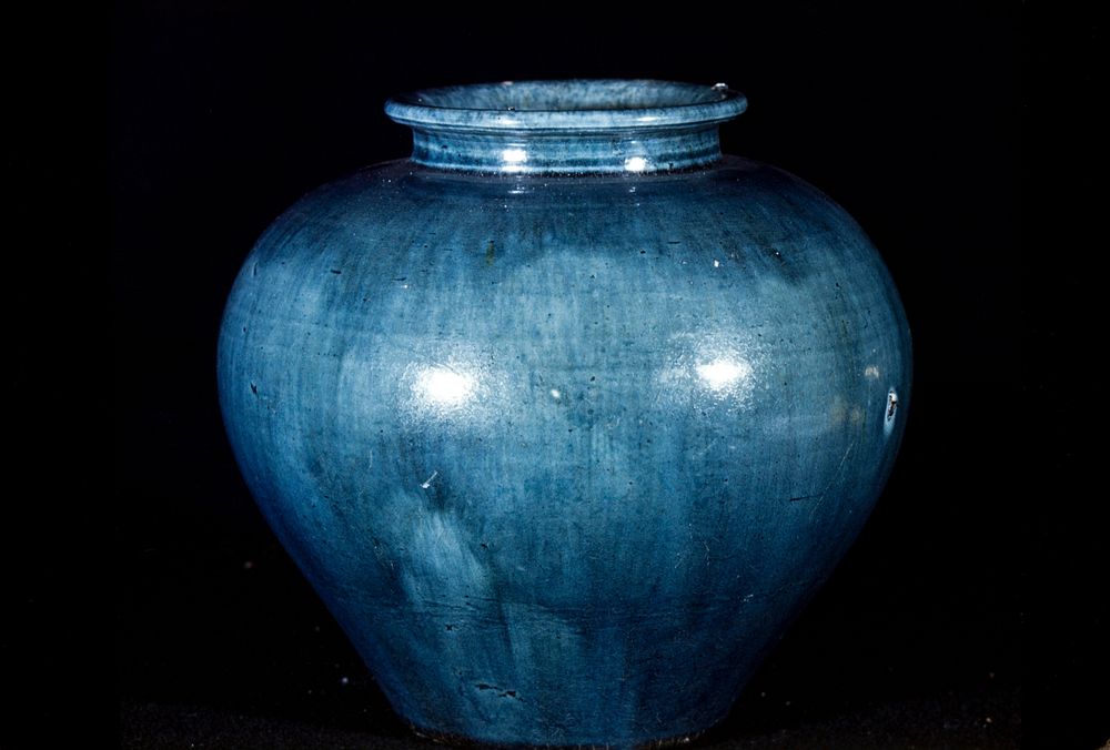 Jar, all over blue glaze. White earthenware with blue lead glaze.. Original from the Minneapolis Institute of Art.