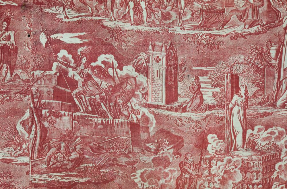 Toile, large piece, copper plate print in rose, Jeanne D'Arc design. Illustrating five incidents in Jeanne's life Her…