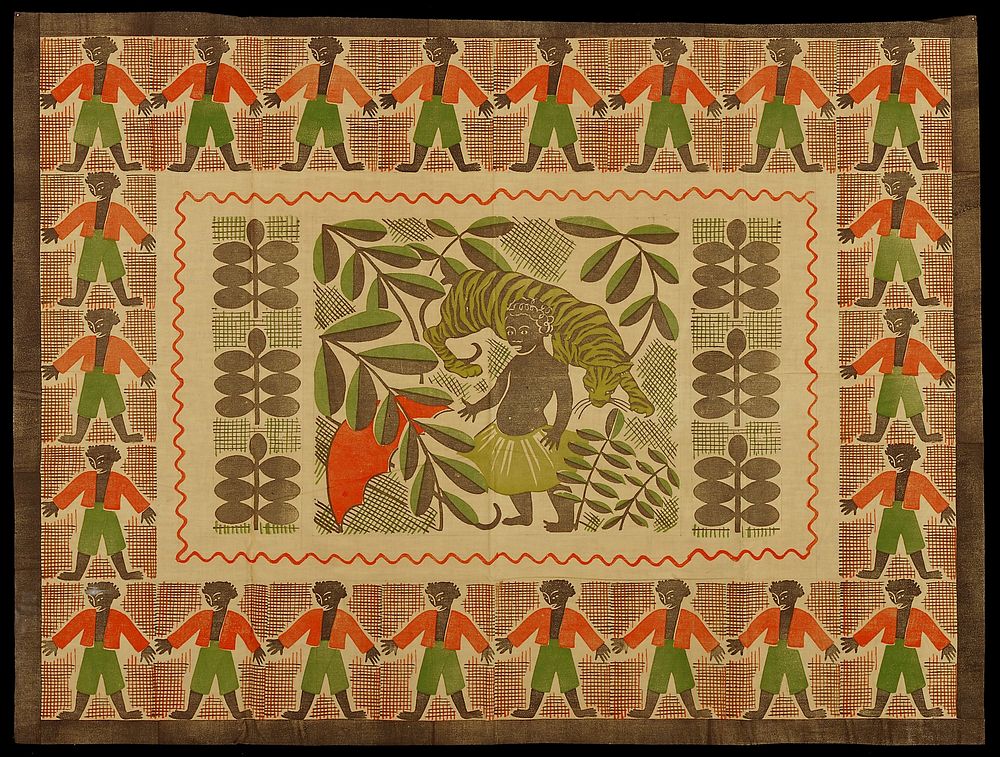 tan fabric with central printed design of stylized African native boy with tiger behind, umbrella at proper right and…