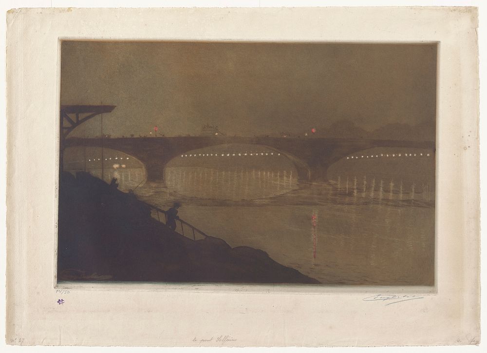 night view of bridge with three arches; two red lights on bridge- one reflected in water; figures on bridge and in LLC;…
