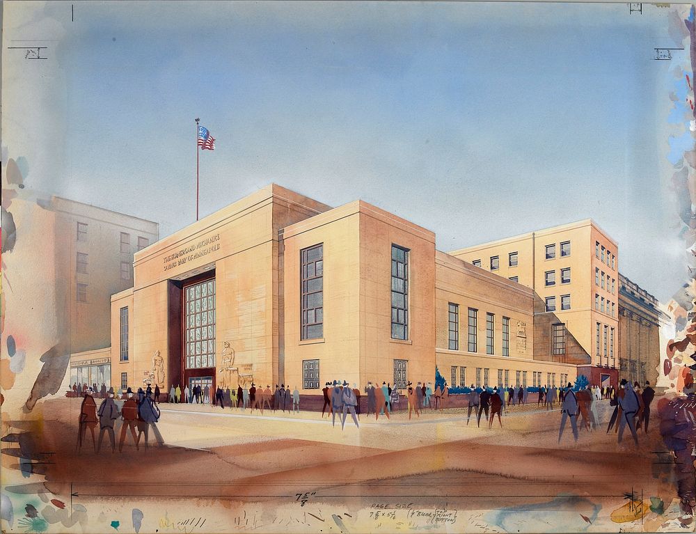 blocky, tan bank building; many sketchy figures in foreground. Original from the Minneapolis Institute of Art.